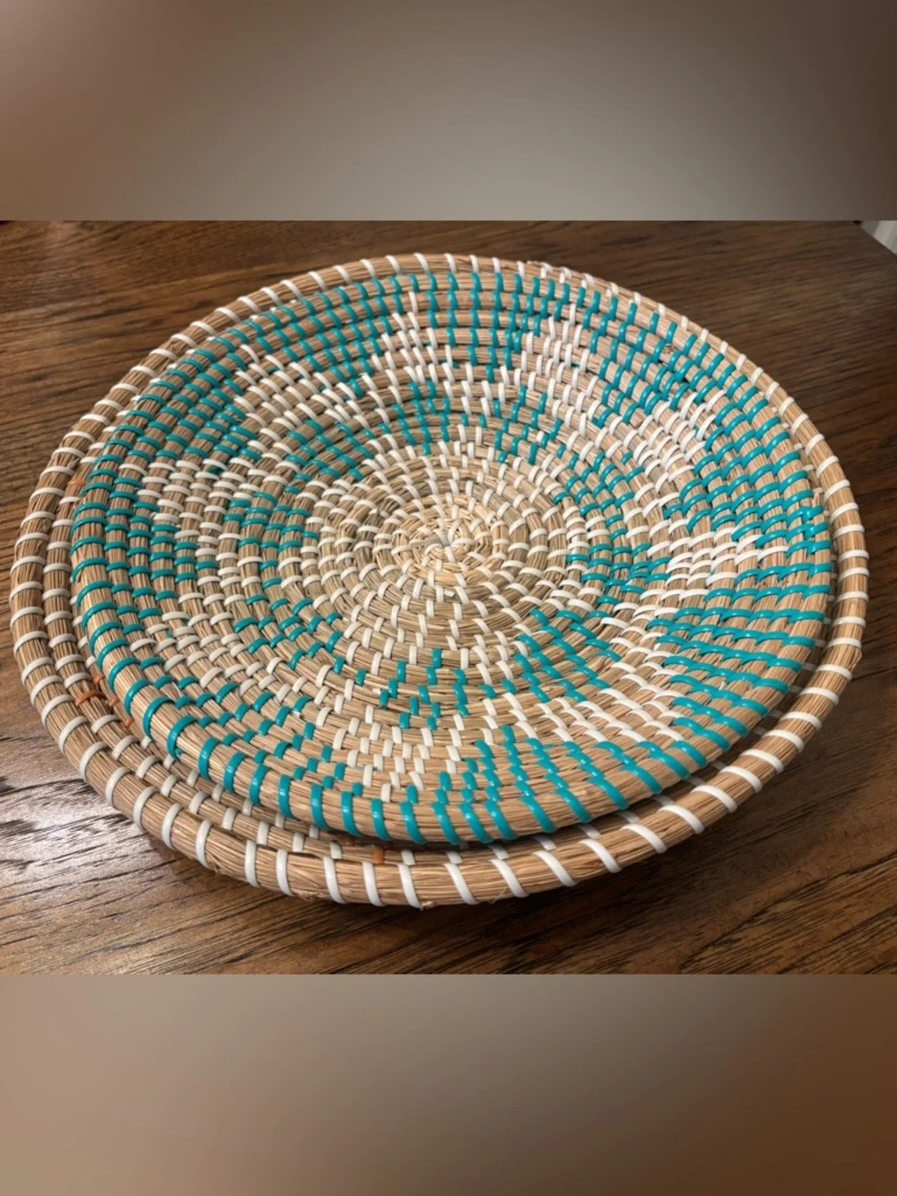 Set of 2 Handwoven Senegalese African Wall Baskets Turquoise Coral Boho Decor